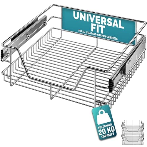 Image of CASARIA® 2x Pull Out Telescopic Kitchen Drawer | For 50cm Units - 46cm Internal Cabinet Dimensions | Chrome-Plated | 20kg Load Capacity | Basket Shelf Organiser Storage Space Saving