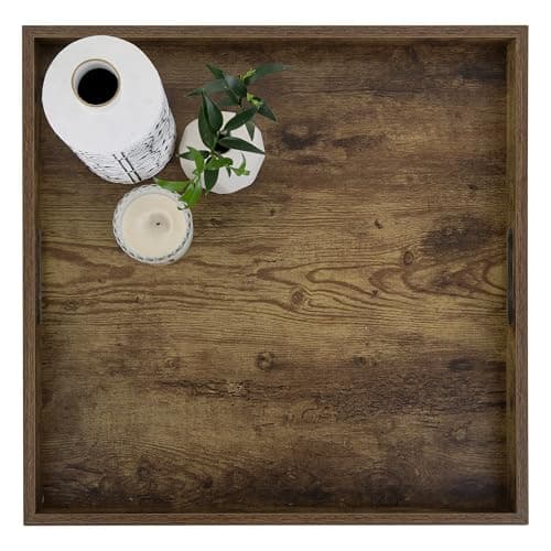 Image of Hanobe Serving Tray Ottoman Large: Decorative Wooden Trays with Handles for Coffee Table - Vintage Brown Square Wood Platter over Footstool Living Room Decor Display Extra 50 cm