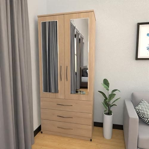 Image of Modern Assembled Wardrobe, 78 cm Wide, 2 Mirrored Doors, 3 Drawers, White (Oak)