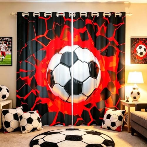 Image of Loussiesd Football Curtain for Bedroom Living Room Kids Sports Darkening Drapes Women Men Red Black Soccer Ball Window Curtains Ball Game Window Treatments W46*L54