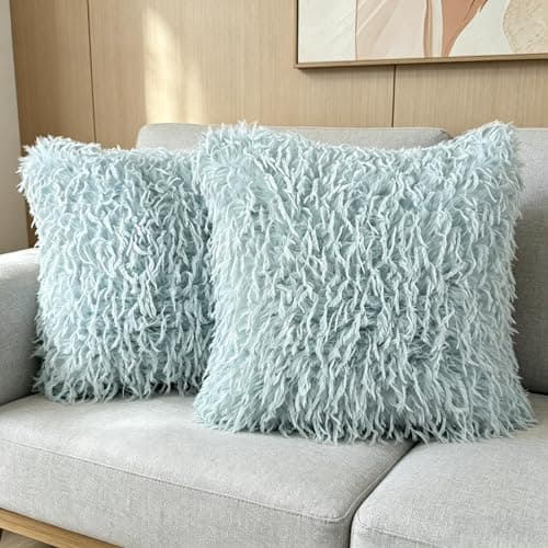 Image of OYIMUA Duck Egg Blue Cushion Covers 40cm x 40cm Pack of 2 Fluffy Pillowcases Neutral Decorative Cushions Soft Faux Federn Throw Pillow Covers 16x16 Square Pillows