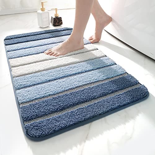 Image of DEXI Bath Mat 50 x 80 cm, Extra Soft Absorbent Microfiber, Non-Slip Washable Rugs for Shower Floor, Bathmat Bathroom Accessories Decor, Blue