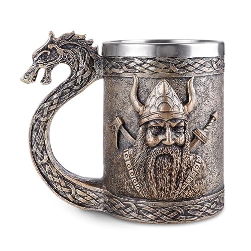 Image of JUMRHFAN Viking Tankard 600 Ml Beer Mug with Handles Stainless Steel Mug Viking Gifts for Men Suitable for Party,Birthday, Father‘Day and Festivals (Style-1)