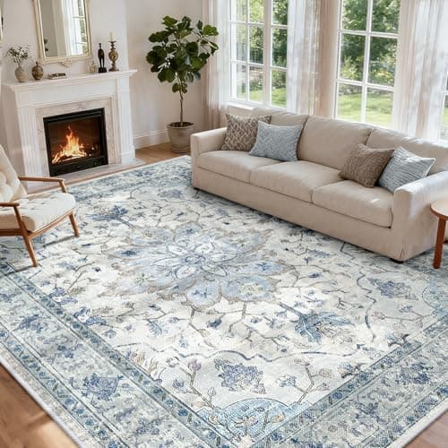 Image of INOVADAY Machine Washable Rugs 240x300 cm Vintage Area Rug Low Pile Anti-Slip Carpet with Print Pattern for Living Room Bedroom Home Office Indoor Blue/Grey
