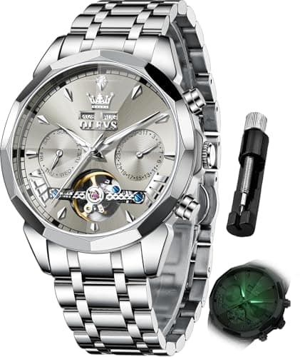 Image of OLEVS Mechanical Men Watch Chronograph Diamond Tourbillon Date Moon Phase Adjustable Bracelet Gift Multi-Function Blue/Black/Gold/Silver Face Watch for Men, G6619: Silver band & Grey dial, Luxury