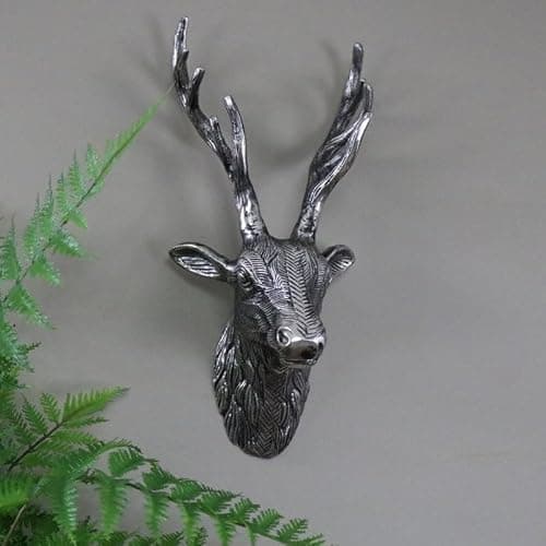 Image of Melody Maison Silver Metal Wall Mounted Stag Head - 18cm x 43cm