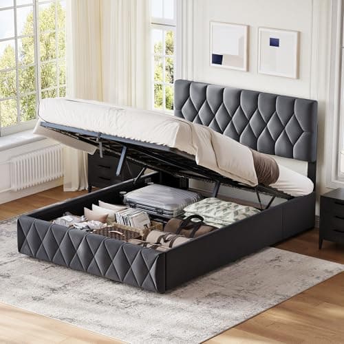 Image of Besbed Ottoman Double Bed Frame, 4ft6 Upholstered Storage Bed with Slats and Headboard, Velvet Fabric,Without Mattress (Grey, 135 x 190 cm)