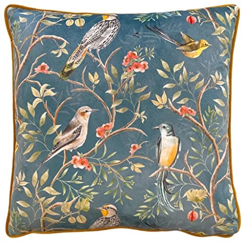 Image of furn. Wylder Tropics Orient Cushion Cover – Velvet Chinoiserie Birds Floral Design (Slate Blue – 43 x 43 cm)