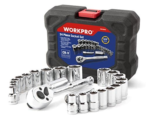 Image of WORKPRO 24PC Socket Set 3/8" Ratchet Drive Sockets Wrench, 11pc Metric & 10pc SAE Sockets, Extension Bar Spark Plug Rachet Set Spanners with Blow Molded Case