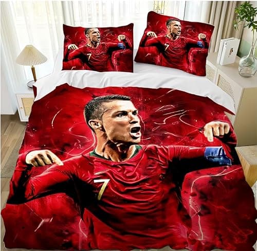 Image of Portugal Football Team Single Duvet Cover Set, Red Dynamic Design, Boys' Bedding, 135x200, 50x75