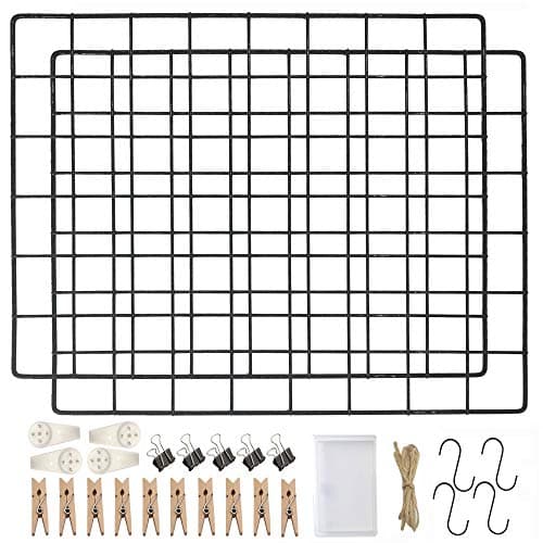 Image of LOYONAL Wire Wall Grid Panel Clips, Metal Wall Grid Panel Black, Photo Grid Display, Wire Photo Board, 2 Pcs Metal Wire Notice Board, Memo Board Wire in Office or Room DIY