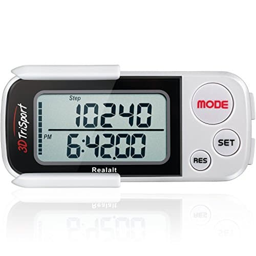 Image of Realalt 3DTriSport 3D Walking Pedometer with Clip & Strap, Accurate Step Counter with 30-Day Memory, Distance in Miles/KM Large Display Perfect for Seniors & Beginners eBook Included - White
