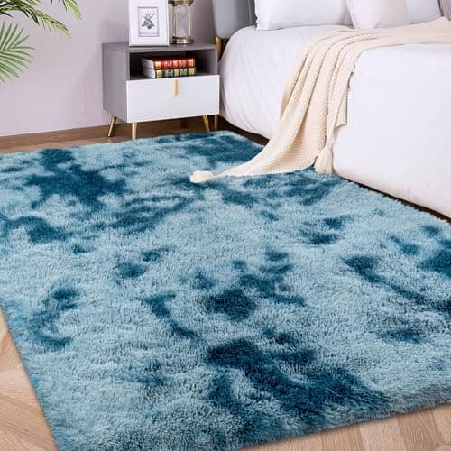 Image of FVVRAX 120x180cm Teal Blue Shaggy Rug – Soft Fluffy Area Rug for Living Room & Bedroom, Non-Slip Plush Tie-Dyed Carpet for Kids, Nursery, Dorm, Machine Washable Large Floor Mat