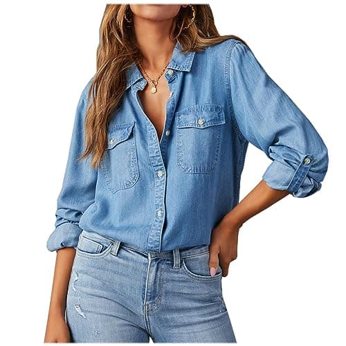 Image of Women's Denim Shirts Jacket,Ladies Solid Color Retro Long Sleeve Jean Western Button Down Blouses,Fall Winter Outdoor Casual Loose Cowboy Tunic Tops Comfort Lightweight Coats with Pocket,UK Size S-XXL