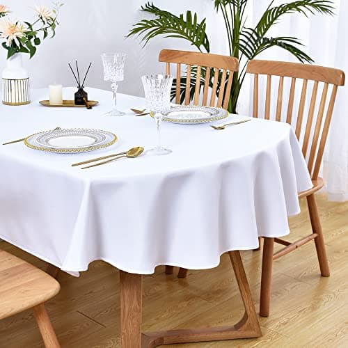 Image of Wolkemer Oval Tablecloth 60 x 84 Inch Washable Fabric Table Cloth Solid White Table Cover for Dining Wedding Party Banquet Tabletop Decoration