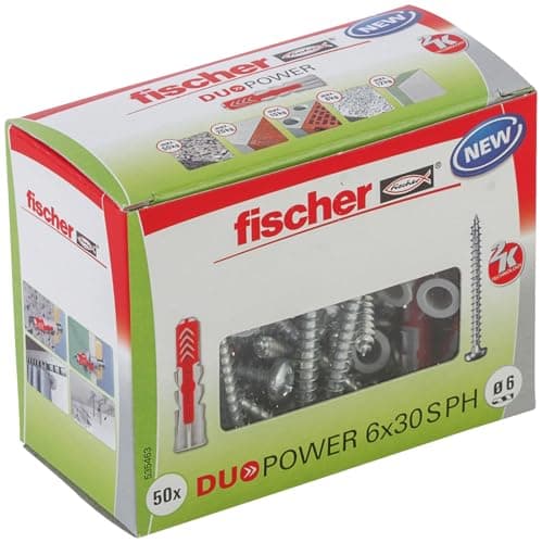 Image of fischer DuoPower 6 x 30 S PH, powerful universal plug with panhead screw, intelligent 2-component technology for fastenings in concrete, bricks, stone, gypsum plasterboard, etc., 50 plugs & 50 screws