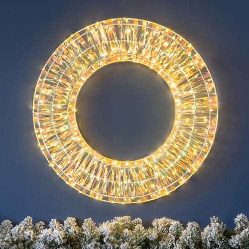 Image of CHRISTOW Light Up Christmas Wreath 50cm, Iridescent Warm White Micro LED Hanging Door Wall Window Decoration, Mains Powered, Indoor Outdoor Home Garden (380 LEDs)