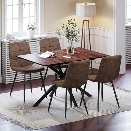 Image of Luxstein Extendable Dining Table and Chairs Set 4, 120-160cm Wood Grain Table with 4 Brown Upholstered PU Leather Chairs for Dining Room, Kitchen