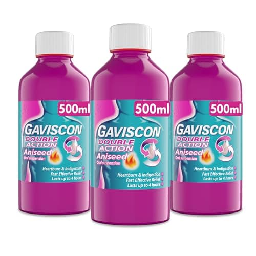 Image of Gaviscon Double Action Aniseed Liquid 500ml, Pack of 3 x 500ml - Heartburn, Indigestion, Stomach Pain, Acid Reflux Relief, Digestive Health, Long-Lasting Antacid, Pregnancy Safe