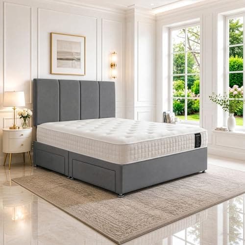 Image of Super King Divan Bed with Orthopedic, Posture Support, Multi-Layer Pocket Sprung Mattress, Headboard & 2 Storage Drawers – Plush Grey Fabric, 6FT UK Made, Space-efficient, Bedroom, Guest, Kids’ Room