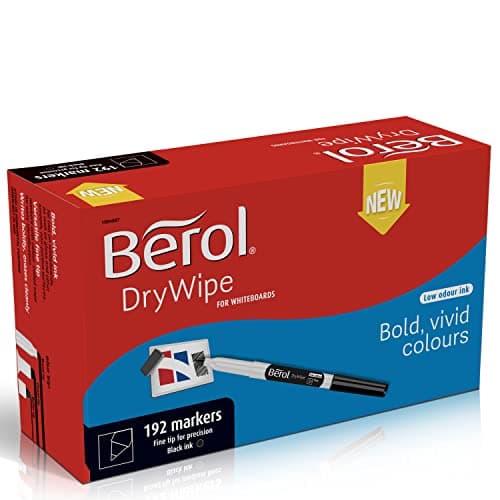 Image of Berol Dry Wipe Whiteboard Marker Pens Fine Tip Black Low-Odour Ink 192 Dry Erase Markers