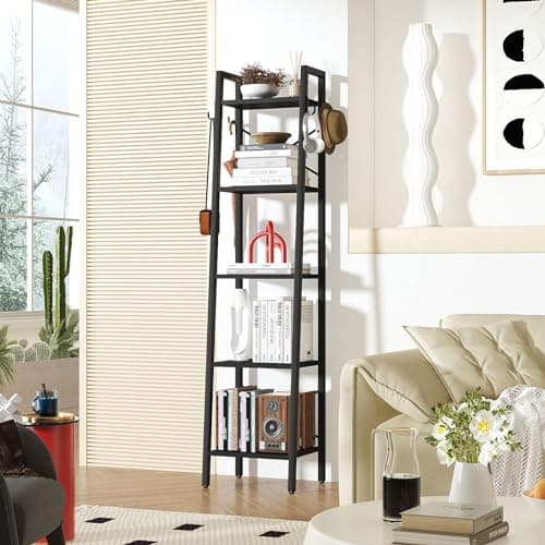Image of YMYNY 5 Tier Ladder Bookshelf, Height 160CM Bookcase, Freestanding Storage Organiser Shelves, Shelving Unit for Living Room Bedroom, Kitchen, Plant Stand, Industrial, Black HBC025B