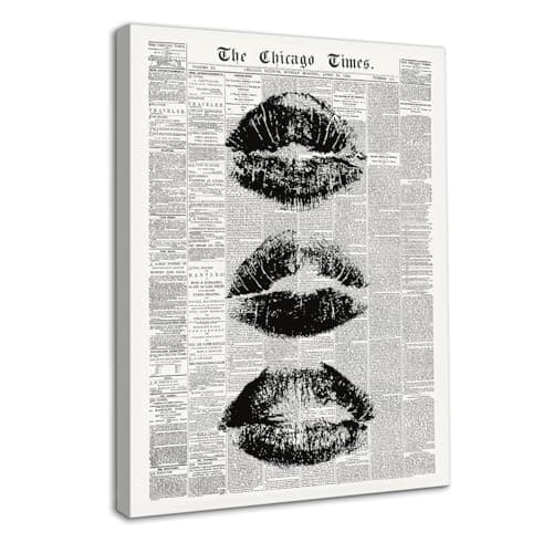 Image of Dazzlewall Framed Vintage Newspaper Wall Art,Black and White Lip Print Modern Fashion Canvas Prints for Girls Bedroom Living Room Decor 12x16 in