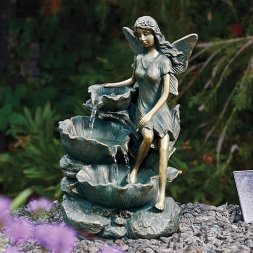 Image of Festive Lights - 41cm Solar Power Fairy Falls Outdoor Water Feature with Cascading Leaves - Grey Stone Effect Polyresin Garden Fountain, External Panel, Self Contained Design, Recirculating Pump