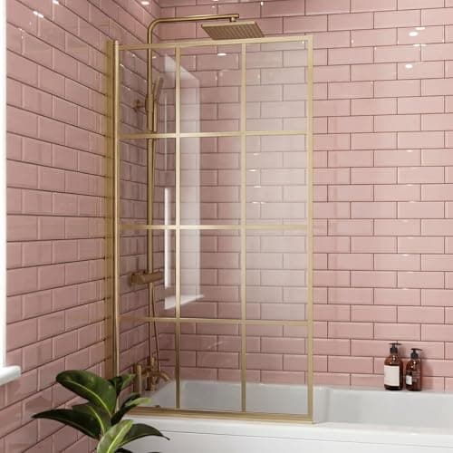 Image of LUXURA® 800 x 1400mm Brushed Brass Square Grid Over Bath Shower Screen Door 6mm Clear Toughened Safety Glass Panel 180° Pivot Bathroom Hinged Framed Bath Screens