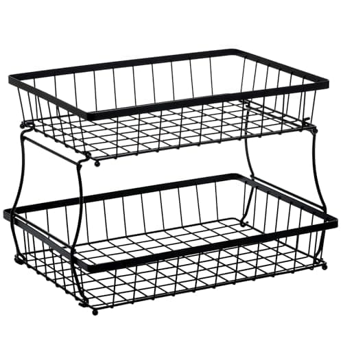 Image of HOSY 2 Tier Steel Basket, Standing Storage Rack Ideas for Fruits, Vegetables, Bread, etc. (17-inch)
