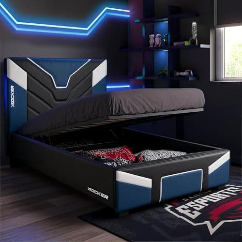 Image of X-Rocker Cerberus MKII 3ft Single, Ottoman Upholstered Bed Frame - Hydraulic Gas Lift, Under-bed Storage, Wooden Slats, Wipe-Clean Faux Leather for Kids & Teens - Blue - 90x190cm