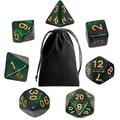 Image of Polyhedral RPG Dice, 7PCS Polyhedral DND Dice Set with Dice Bags for Dungeon and Dragons D&D MTG Role Playing Card Table Games (Starry Black Green)