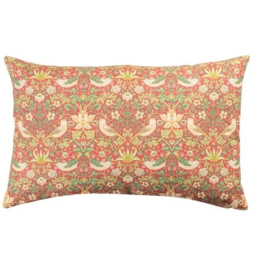 Image of Linen Loft William Morris Strawberry Thief Printed XL Rectangular Cushion Cover in Red. Vintage Arts and Crafts Botanical Floral Print. 23x15 XL Cover Only