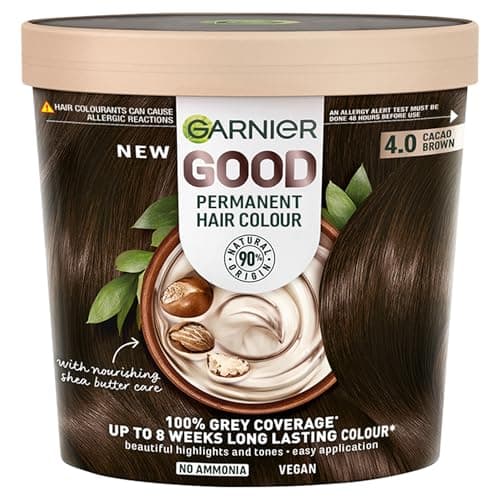 Image of Garnier GOOD Permanent Hair Dye, 4.0 Cacao Brown. Achieve 100% grey coverage and 8-week colour. No ammonia, vegan shea butter formula offers rich, natural tones for all hair types.