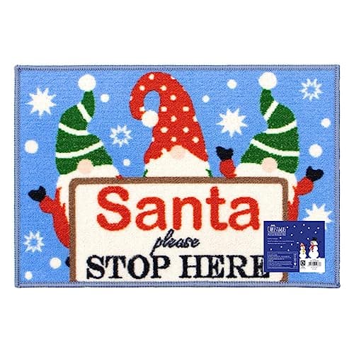 Image of JVL Festive Christmas Machine Washable Indoor Doormat, Santa Stop Here, Blue, Size: 40x57cm Approx…
