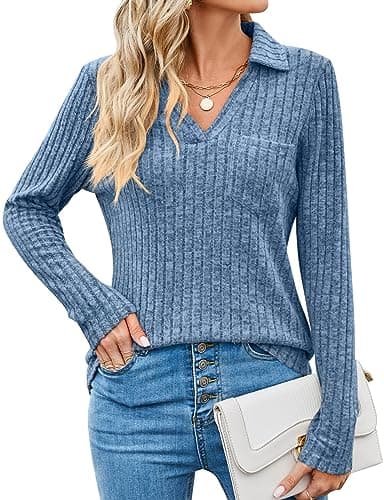 Image of Gemulate Ladies Jumpers Long Sleeve Tops Jumpers for Women UK Ladies Lightweight Sweatshirts Jumpers Ladies Polo Neck Jumpers -Blue, XL