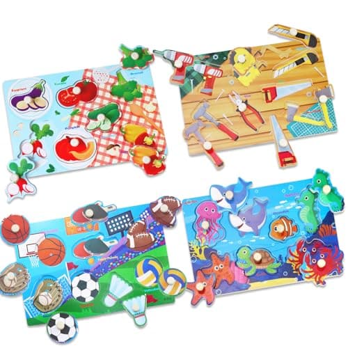 Image of Wooden Puzzles for Toddlers, 4 Pack (Animals/Sports/Vegetables/Tools) Jumbo Knob Wooden Matching Puzzle, Montessori Preschool Educational Fine Motor Skill Peg Puzzle Set Toys for Boy Girl Ages 1+
