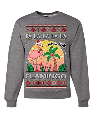 Image of Wild Bobby Fa La La La Mingo Pink Flamingo Santa Hat Lighting Trees Ugly Christmas Sweater Unisex Crewneck Sweatshirt, Heather Grey, XXXL