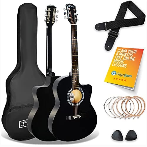 Image of 3rd Avenue Full Size 4/4 Cutaway Acoustic Guitar Pack Bundle for Beginners - 6 Months FREE Lessons, Bag, Strap, Picks and Spare Strings - Black