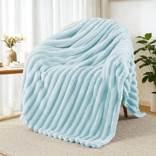 Image of Exclusivo Mezcla Fleece Throw Blanket for Sofa, Super Soft Striped Jacquard Bed Blanket, Lightweight Fuzzy Cozy for All Seasons, 127x152 CM, Light Blue