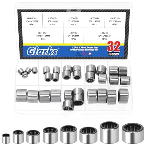 Image of Glarks 32pcs 3/4/6/7/8/9/10/12mm Needle Roller Bearings Kit, Track Roller Bearings Open End, Drawn Cup Needle Roller Bearing, Drawn Cup Roller Open End for Automotive, Machinery, Gearbox Use