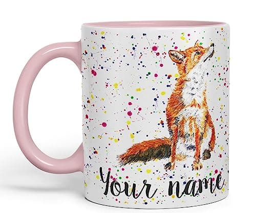Image of Vixar Personalised with Your Text Fox British Wildlife Animals Watercolour Art Coloured Ceramic Mug Cup Gift 330ml 11oz Custom Work Office Tea Coffee (Pink)