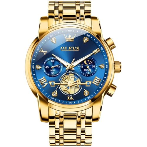Image of OLEVS Watches for Men Luxury Gold Stainless Steel Analog Quartz Men's Chronograph Watch Big Face Roman Numerals Tourbillon Dial Mens Watches Classic Blue Diamond Waterproof Luminous Men's Watch