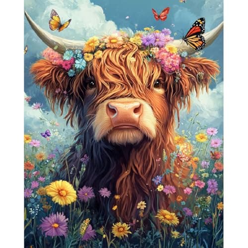 Image of BEAYIOU Highland Cow with Flowers Counted Cross Stitch Kits for Adults, Stamped Cross Stitch Beginners, Needlepoint Cross-Stitch Patterns Embroidery Kits for Home Decor 12×16 Inch