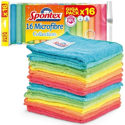 Image of Spontex Microfibre Cloths for Cleaning | 16 Microfibre Collection Cleaning Cloths | For Use as Dusters & Kitchen Towels | 30 x 30cm | Assorted Colours | 16 Count