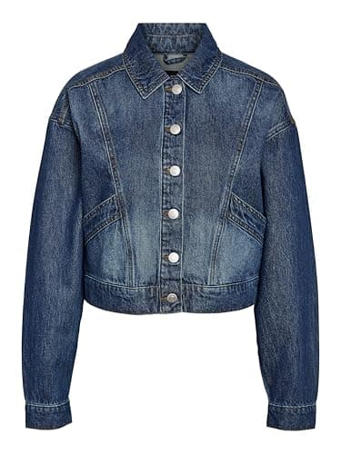 Image of Noisy May Women's Denim Jacket, Regular Fit Long Sleeve Cotton Dark Blue Jacket, Perfect for Partywear, Outdoor, Casual Everyday, UK Size – XL