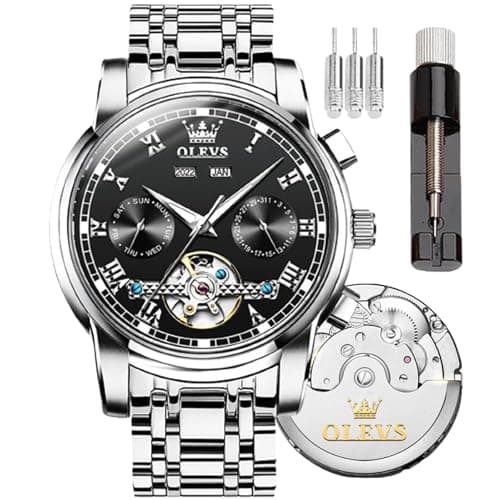 Image of OLEVS Automatic Mechanical Men's Watch, Day-Date-Month-and-Year, Fashion Stainless Steel Watch with Green, Blue, and Black Face