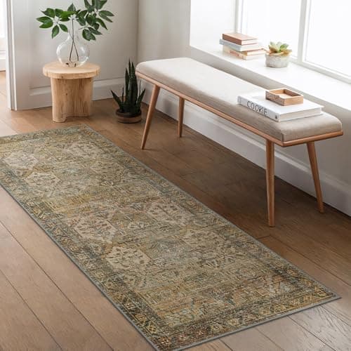 Image of BEIMO Bedroom Area Rug 80x150cm, Washable Non Slip Low Pile Soft Indoor Carpet, Easy Care, Vintage Retro Floral, Brown & Green