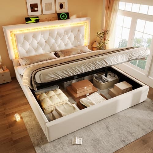Image of Upholstered Bed Frame with Hydraulic Lift & Adjustable Diamond Tufted Headboard, 4ft6 Double Bed Frame with LED Lighting & USB Type-C Charging,Velvet Functional Ottoman Storage Beds,Beige,No Mattress