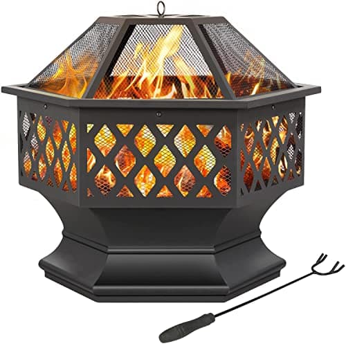 Image of Yaheetech Fire Pit Heavy Duty Fire Bowl Large Fire Pit with Mesh Poker for Outside Patio Heater/Camping Bonfire/Garden/Backyard/Poolside, Hexagon Shaped, Black